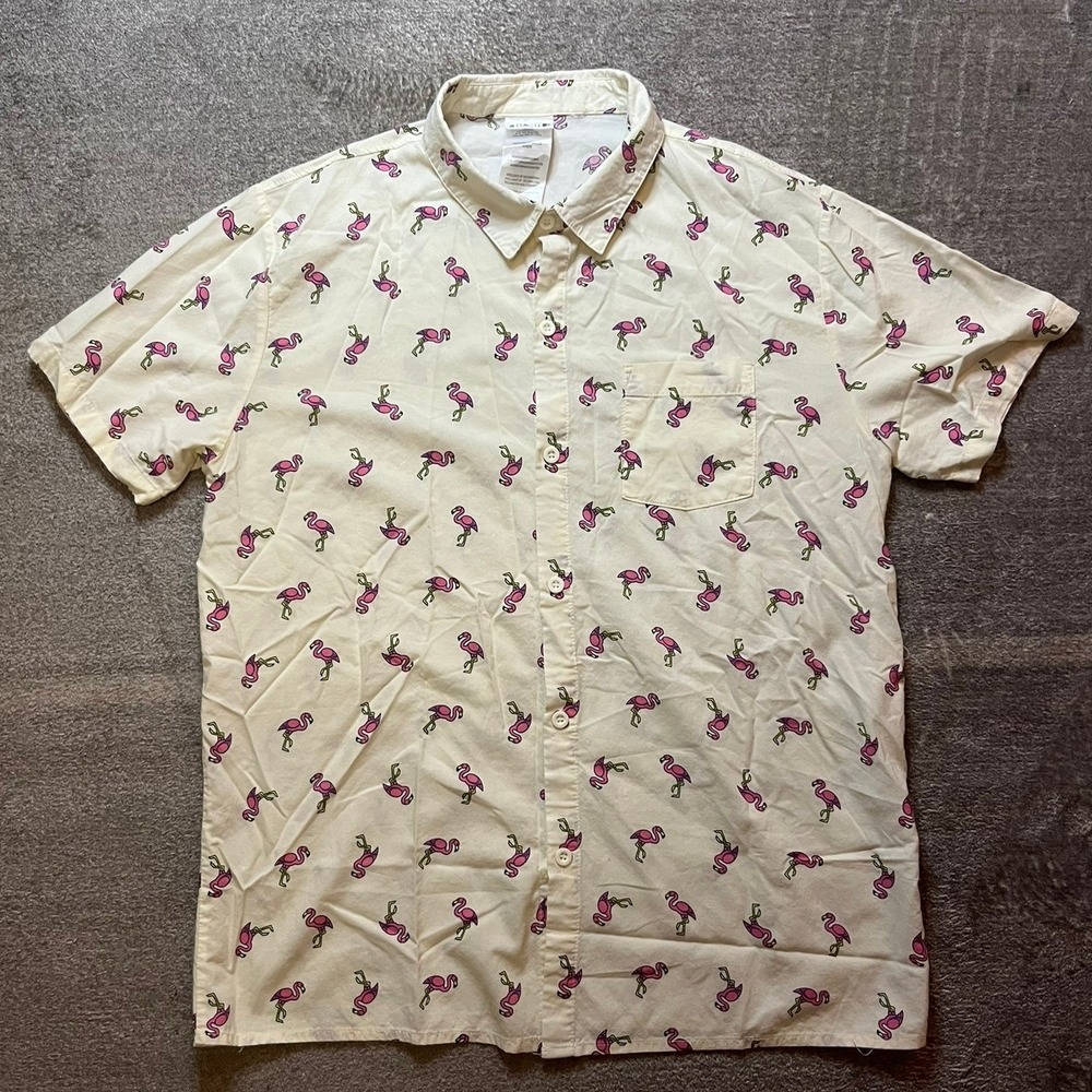 Isaac Morris Mens Flamingo Print Short Sleeve Button Down Shirt Size Medium